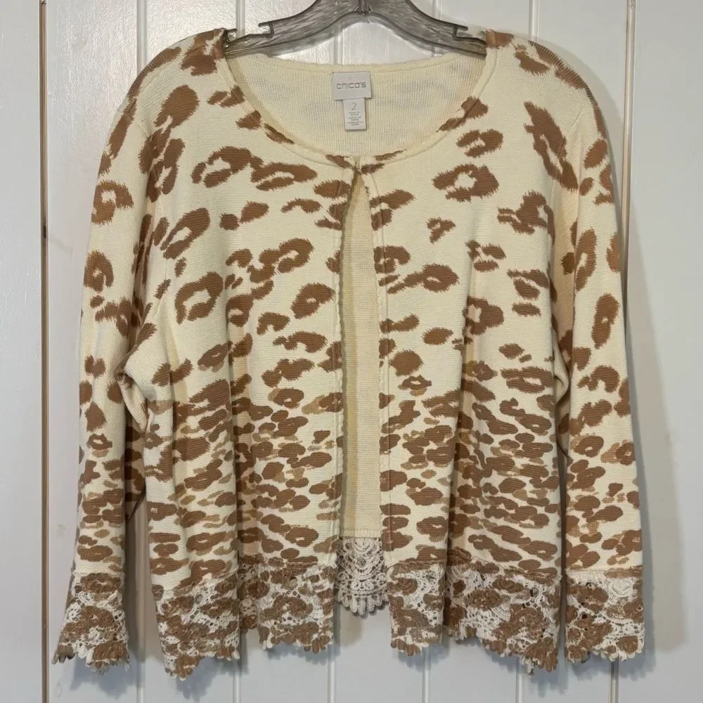 Chico's Open Front Animal Print Cardigan Lace Trim Cream Brown Chico's Size 2